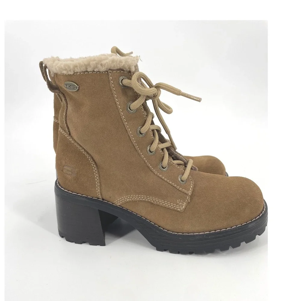 Skechers Boots Womens 8 Tan Suede Jammers Vintage Y2K Chunky Heel Lug Sole 90's